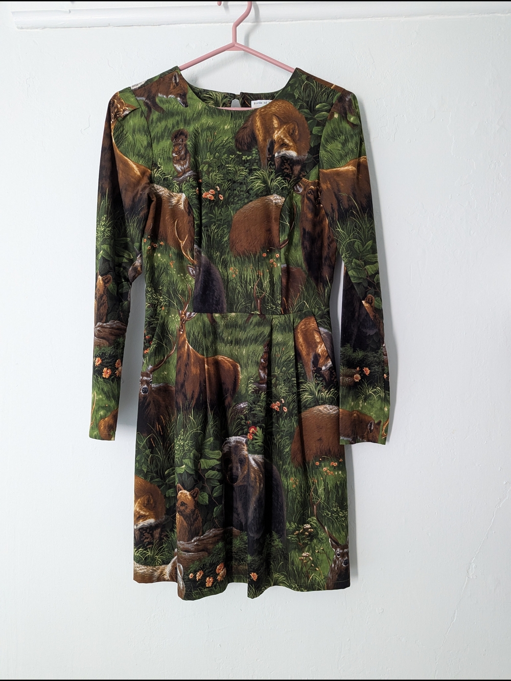 Birds of North America Forest Print Long Sleeve Dress in Green and Brown - Picture 8 of 9